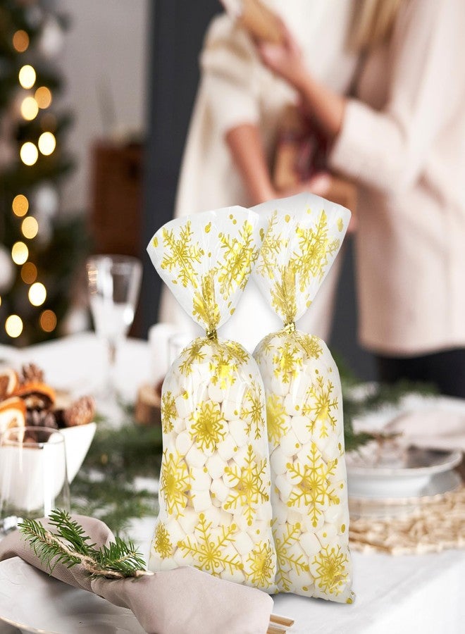 وولاين مجموعة Whaline من 160 كيسًا بلاستيكيًا شفافًا ذهبي اللون لتغليف هدايا حفلات عيد الميلاد، بتصميم ندفة الثلج، مثالية لتغليف الحلويات والبسكويت. - Image 4